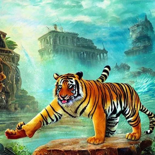 Image similar to a painting of a tiger discovering the lost city of atlantis