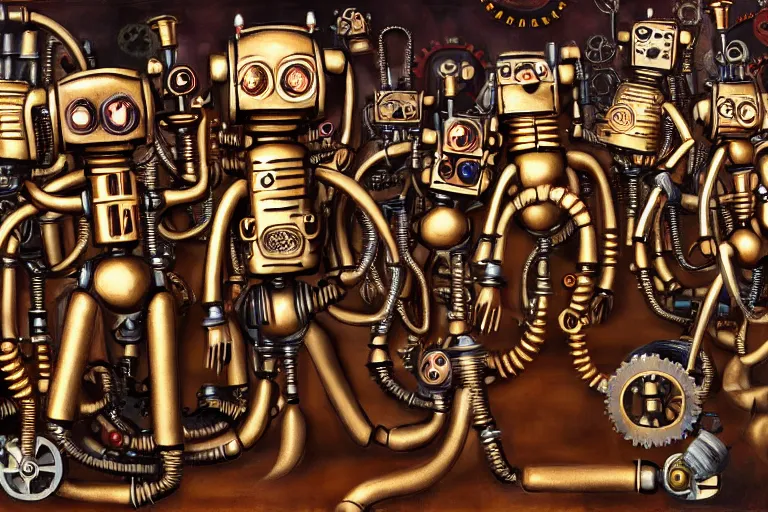 Image similar to steampunk robots dancing by otto dix, 4 k