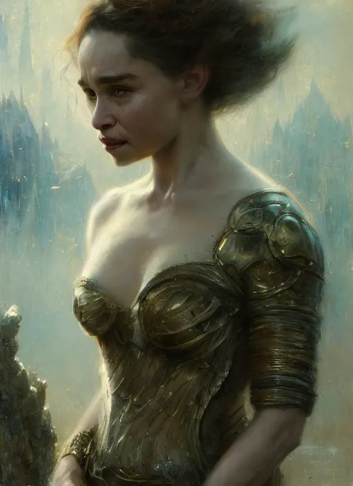 Image similar to mischievous emilia clarke, happy, detailed, by gaston bussiere, bayard wu, greg rutkowski, giger, maxim verehin, greg rutkowski, masterpiece, sharp focus, cinematic lightning