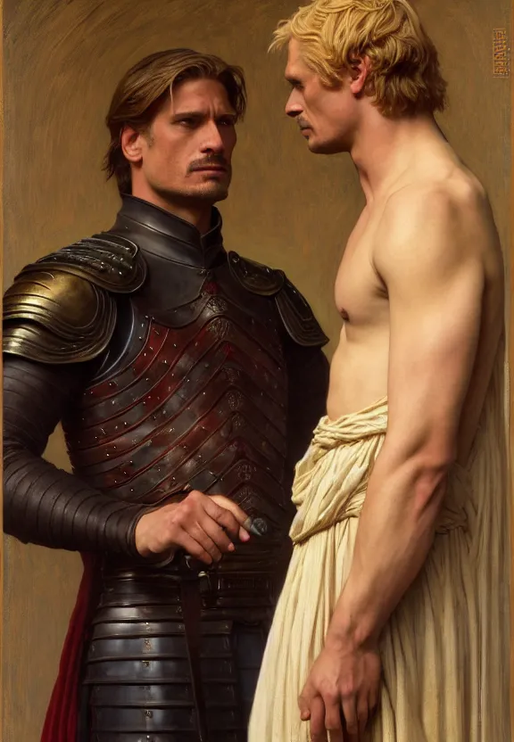 Image similar to attractive handsome fully clothed jaime lannister confesses his love for attractive fully armored brienne of tarth. centered composition. highly detailed painting by gaston bussiere and j. c. leyendecker and william adolphe bouguereau and fra angelico and octane render, musee d'orsay 8 k