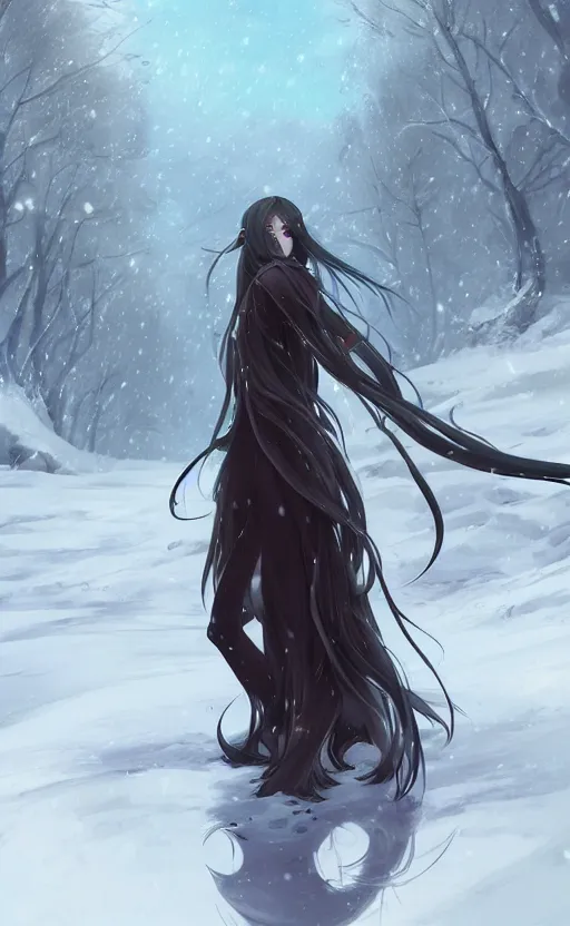 Image similar to an elven girl with long, flowing black hair standing in the snow, facing the camera. By Makoto Shinkai, Stanley Artgerm Lau, WLOP, Rossdraws, James Jean, Andrei Riabovitchev, Marc Simonetti, krenz cushart, Sakimichan, trending on ArtStation, digital art.