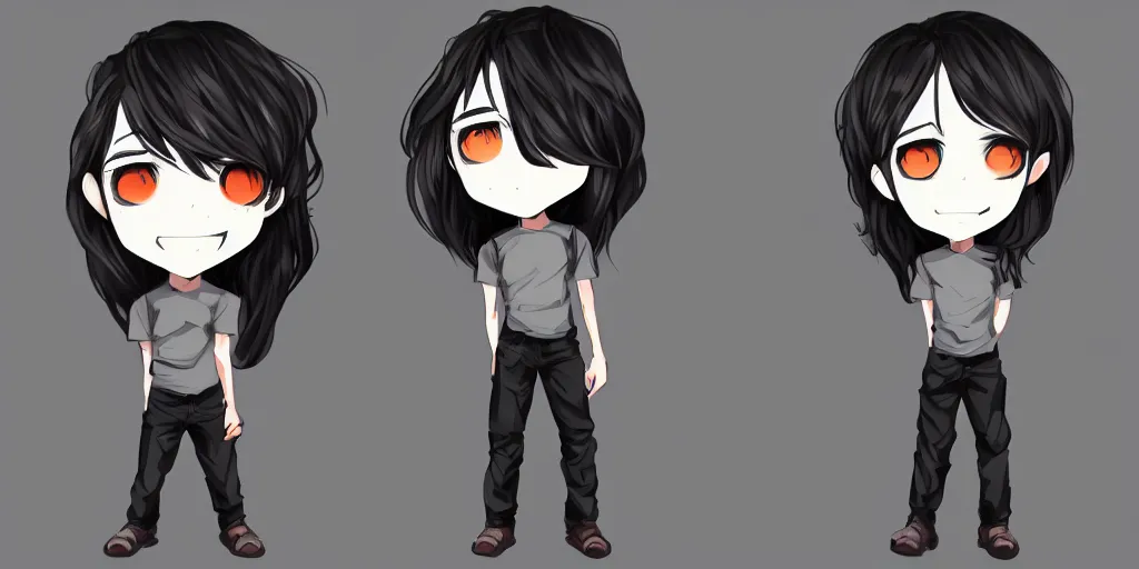 Image similar to chibi style male anime character, long dark hair, symmetrical facial features, 8 k, interesting composition, creative color choice, detailed drawing, trending on artstation, hd