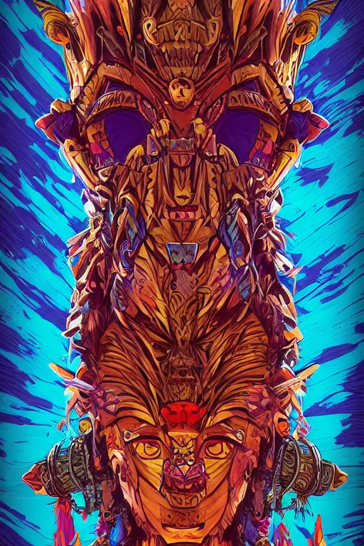 Image similar to totem animal tribal chaman vodoo mask feather gemstone plant wood rock video game illustration vivid color borderlands by josan gonzales and dan mumford radiating a glowing aura