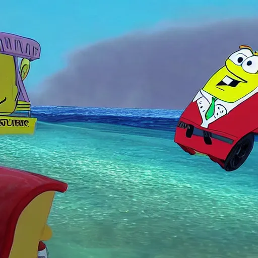 Image similar to SpongeBob comes flying out of the ocean as a result of the demolition derby, once again briefly seen in his live-action sponge form, Realistic, HDR, HDD, Unreal Engine 5, Real Event