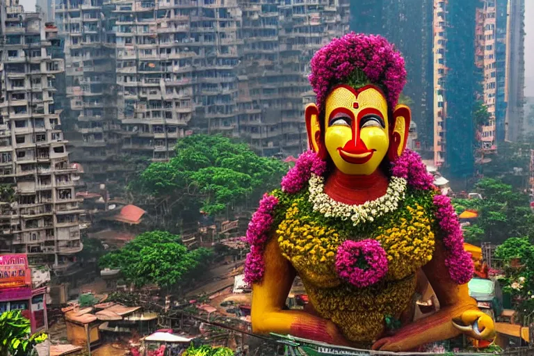 Image similar to high quality 3 d flowerpunk biomorphic hanuman head building in the middle of mumbai!!, kalighat highly detailed, cinematic smooth, stephen shore & john j. park, soft morning light, wide shot, high angle, uhd 8 k, deep focus