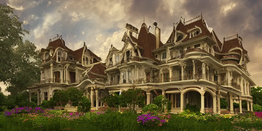 Image similar to art nouveau style mansion, summer clouds, dawn, flowerbeds, vines, god rays, realistic, filmic lighting, volumetric, featured on artstation,