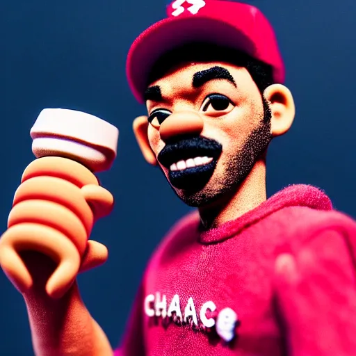 Image similar to a cinematic film still of a claymation stop motion film starring chance the rapper as a college student, shallow depth of field, 8 0 mm, f 1. 8