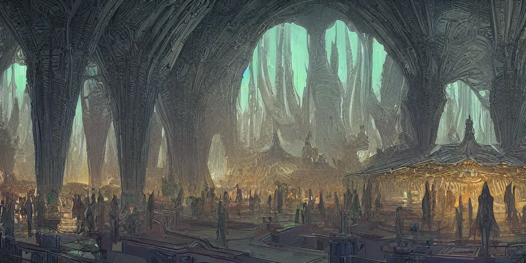 Prompt: matte illustration, cinematic shot of the interior of a scifi space station with ornate elven architecture bustling with people by jean giraud moebius, crystalline, emerald, highly detailed matte illustration by moebius, clean lines, sharp focus, intricate, elegant