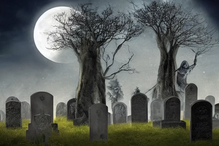 Prompt: the full moon shone brightly on the graveyard as the ghosts started to appear by john bauer, igor morski, danny flynn 8 k 3 d, 8 kresolution