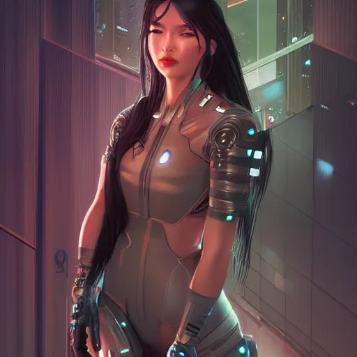 Image similar to portrait futuristic Cyber Ninja Girl, in future cyberpunk tokyo rooftop, ssci-fi, fantasy, intricate, very very beautiful, elegant, neon light, highly detailed, digital painting, artstation, concept art, smooth, sharp focus, illustration, art by alphonse mucha and tian zi and WLOP