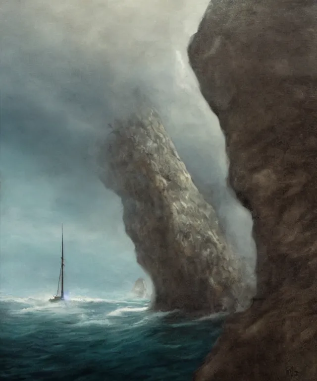 Prompt: photorealistic painting of a 1 9 2 5 seiner sailing near a short tropical cliff with the mouth of a sea cave at the waterline, dark, brooding, atmospheric, lovecraft, horror, smooth, epic, highly detailed, cinematic, by lee gibbons