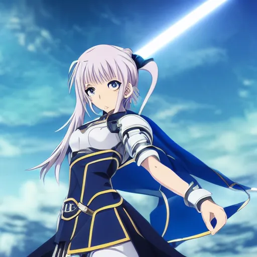 Prompt: key anime visual of a battle maiden dressed like saber, blue eyes, open eyes, facing camera, dynamic pose, dramatic pose, shield and sword, sky background.