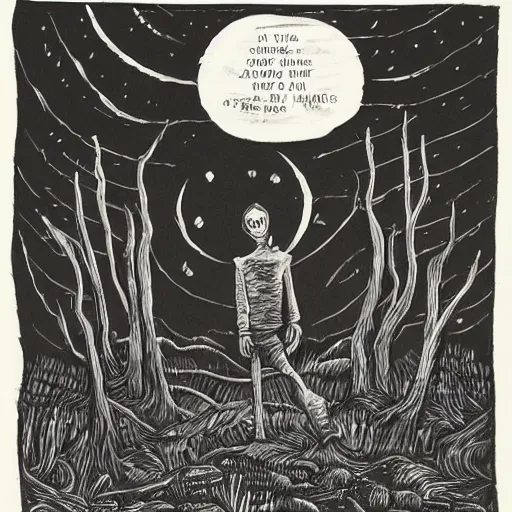 Image similar to rich details by allison bechdel. a beautiful land art of a small figure standing in the center of a dark, foreboding landscape. the figure is surrounded by strange, monstrous creatures, & there is a feeling of unease & dread.