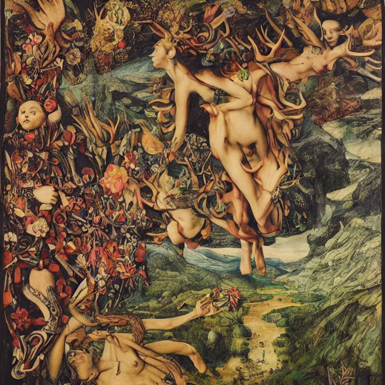 Prompt: a wide mountainous river valley with a tattood lady with animal stripes, antlers and wings transforming into a flower while the stars look like flowers by jan van eyck, ernst fuchs, nicholas kalmakoff, character, full body, max ernst, hans holbein, portrait, fashion editorial