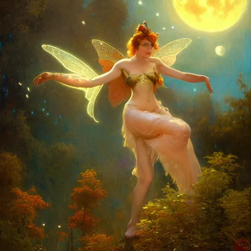 Image similar to attractive fairy magically floating high in the night, fantasy, full moon in background. highly detailed painting by gaston bussiere, craig mullins, j. c. leyendecker, mid shot, 8 k realistic, cryengine, frostbite 3 engine, sharp focus