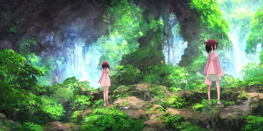 Image similar to anime girl looking into large cave entrance in a lush forest with waterfalls, beautiful ambiance, studio ghibli style, by hayao miyazaki, sharp focus, highly detailed, 4k