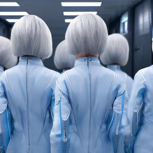 Image similar to troop of grannies with white bob hairdos, tight light blue neopren pilot suits, futuristic cloning facility, sci - fi, highly detailed, cinematic