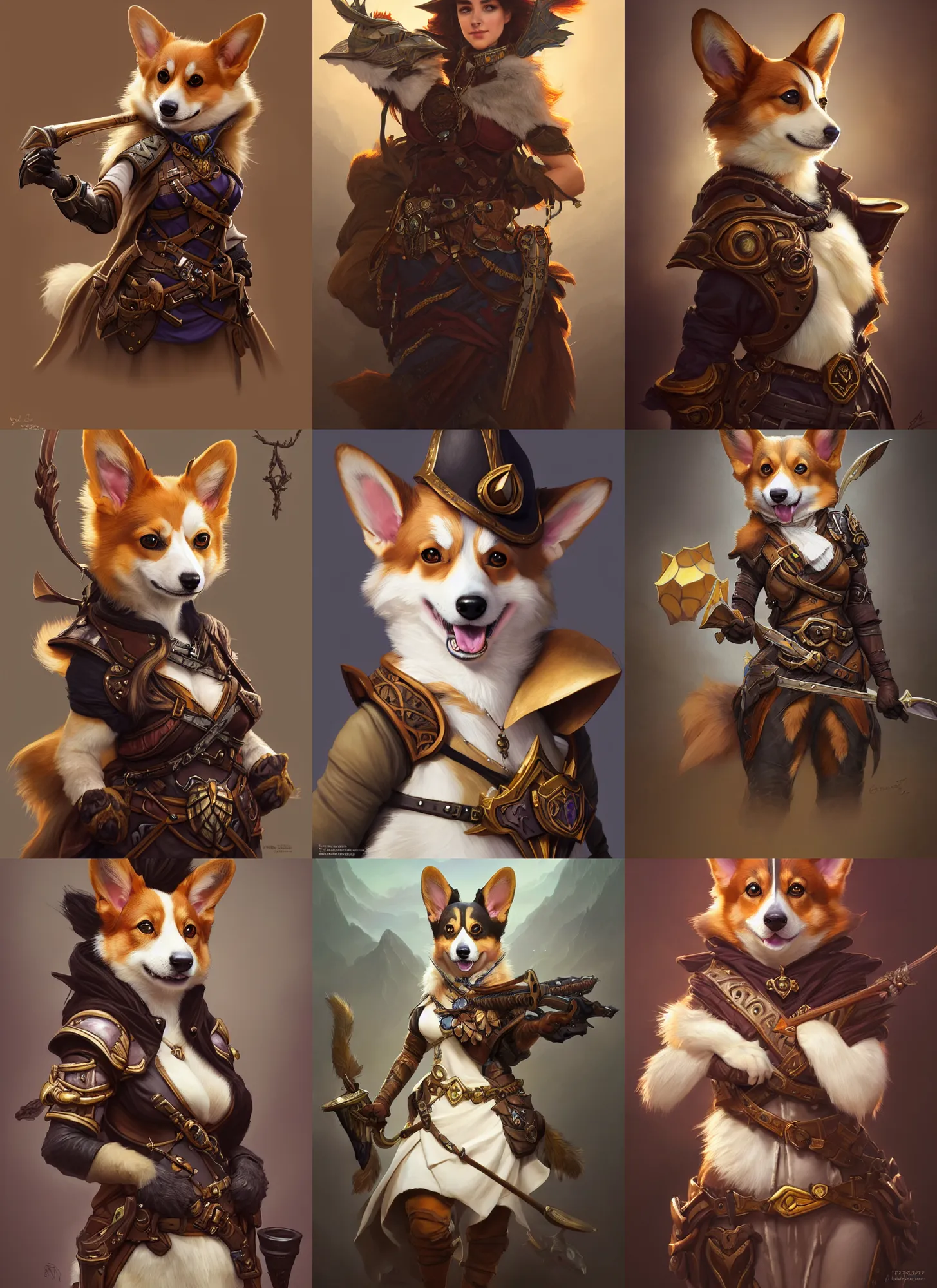 Prompt: photography of a female anthropomorphic corgi fursona ranger, deep focus, d & d, fantasy, intricate, elegant, highly detailed, digital painting, artstation, concept art, matte, sharp focus, illustration, hearthstone, art by artgerm and greg rutkowski and alphonse mucha