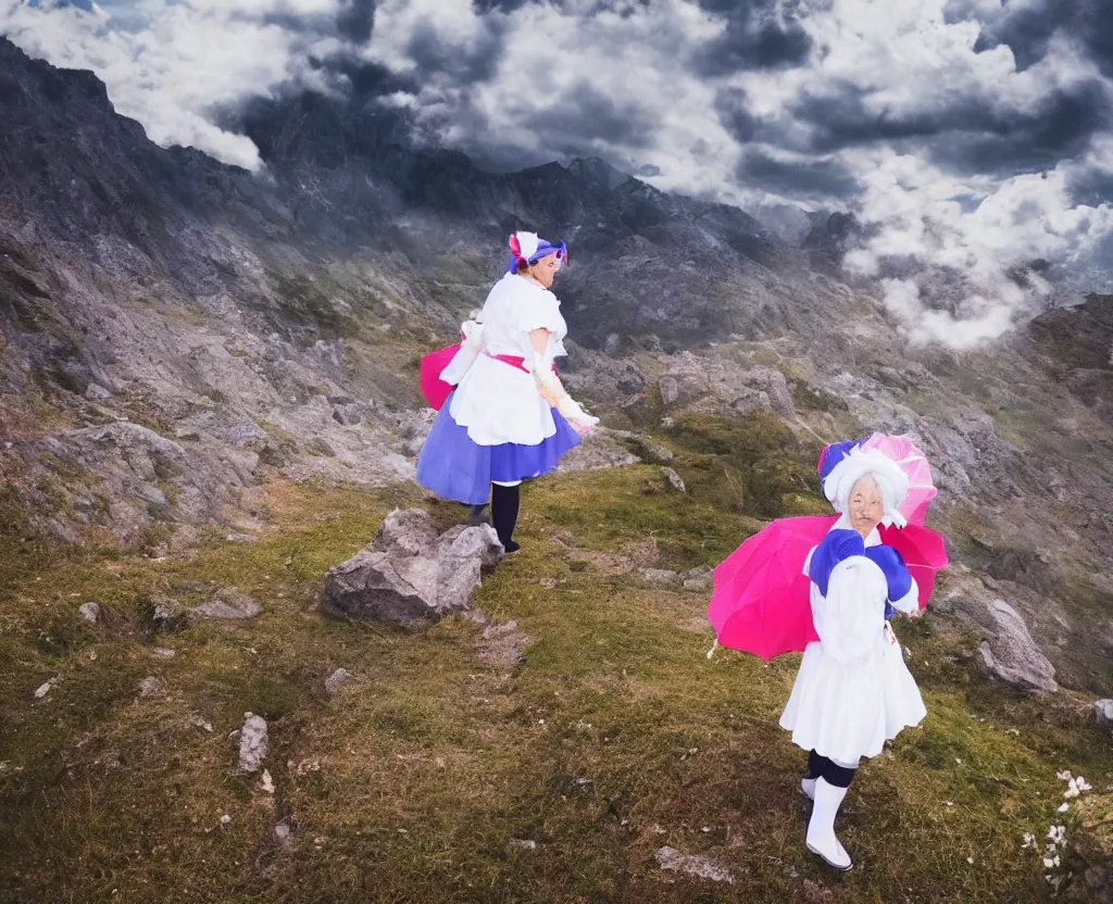 Image similar to a grandma wearing sailor moon costume wandering trough the mountains looking at the clouds very detailed focused photography cinematic lighting by martin parr