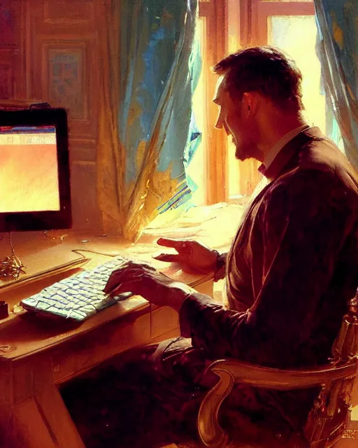 Image similar to attractive 4 5 year old man typing away at his desktop computer, watching the screen gleefully, golden hour painting by gaston bussiere, craig mullins, j. c. leyendecker