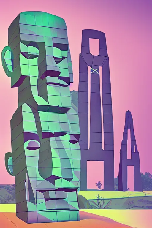 Image similar to cubist moai statue cutout digital illustration cartoon colorful beeple