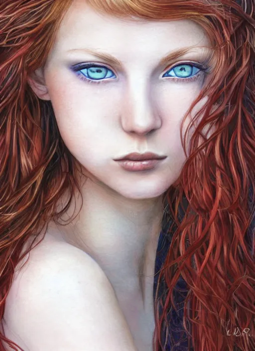 Prompt: close up portrait drawing of a ( thin young redhead woman with russian descent, sunbathed skin, with ( intricate deep blue eyes ) and ( wavy long maroon colored hair ) who looks directly at the camera with a ( slightly open mouth ) ). face takes up half of the photo. a park visible in the background. detailed 8 k art by luis royo.