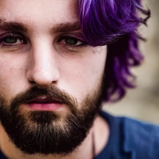 Image similar to a portrait of a queer man with purple hair, 4k, photorealistic, shallow depth of field