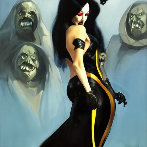 Image similar to greg manchess portrait painting of partially armored morticia from addams family as overwatch character, medium shot, asymmetrical, profile picture, organic painting, sunny day, matte painting, bold shapes, hard edges, street art, trending on artstation, by huang guangjian and gil elvgren and greg rutkowski