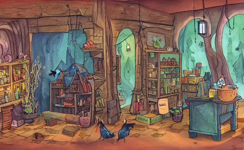 Image similar to witch's shop, storybook, gouache, flat, concept art, lush