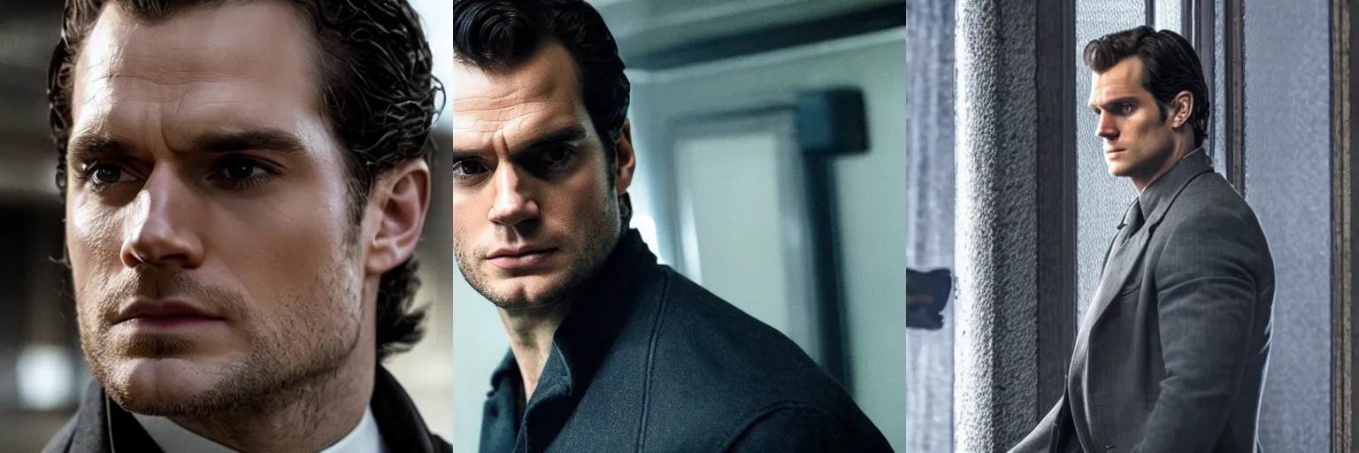 Prompt: close-up of Henry Cavill as a detective in a movie directed by Christopher Nolan, movie still frame, promotional image, imax 70 mm footage
