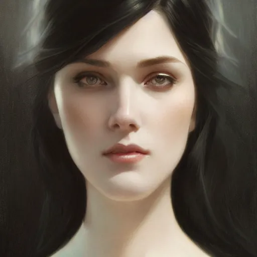 Prompt: a black haired woman with pale skin and dark eyes, intricate, elegant, highly detailed, digital painting, artstation, concept art, smooth, sharp focus, illustration, art by artgerm and greg rutkowski and alphonse mucha