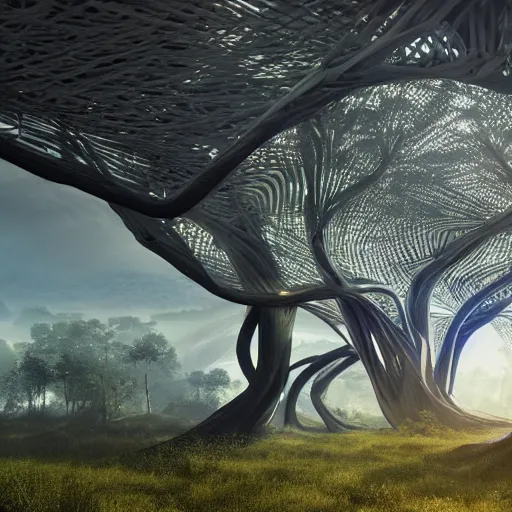 Prompt: futuristic branching and woven canopy structure stretching out across the countryside, beautiful dynamic lighting, cinematic, wide angle establishing shot, extremely high detail, photo realistic, cinematic lighting, post processed, concept art, artstation, matte painting, style by eddie mendoza, raphael lacoste, alex ross, volumetric lighting, light rays, photorealistic, ultrarealistic, moody, coronarender, 8k