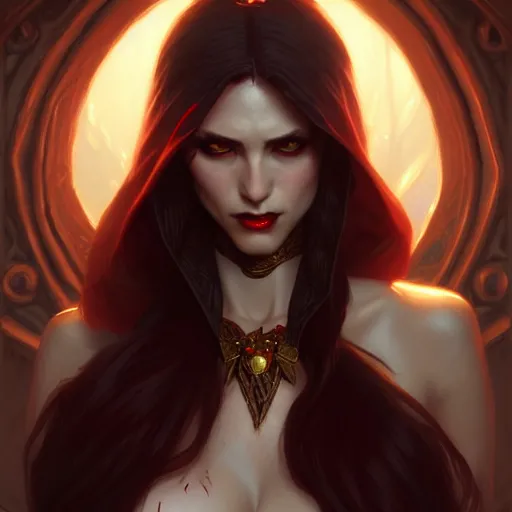 Image similar to Vampire, female, D&D, fantasy, intricate, elegant, highly detailed, digital painting, artstation, concept art, matte, sharp focus, illustration, hearthstone, art by Artgerm and Greg Rutkowski and Alphonse Mucha