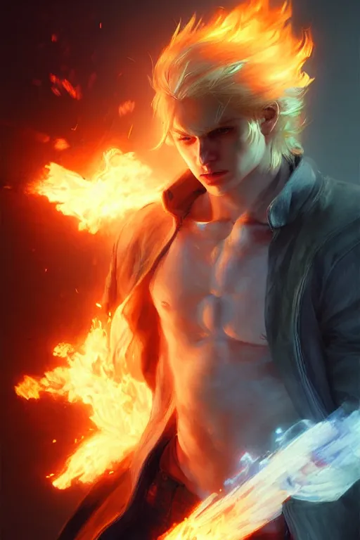 Image similar to character art by ruan jia, young man, blonde hair, on fire, fire powers