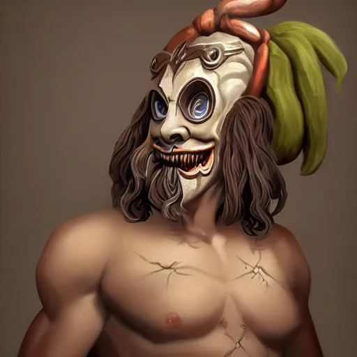 Prompt: a digital painting of a ancient greek satyr wearing a mask playing a guitar, young handsome pale roma, grim dark jester from gwent cards, a character portrait by senior character artist, polycount, vanitas, sketchfab, speedpainting, zbrush