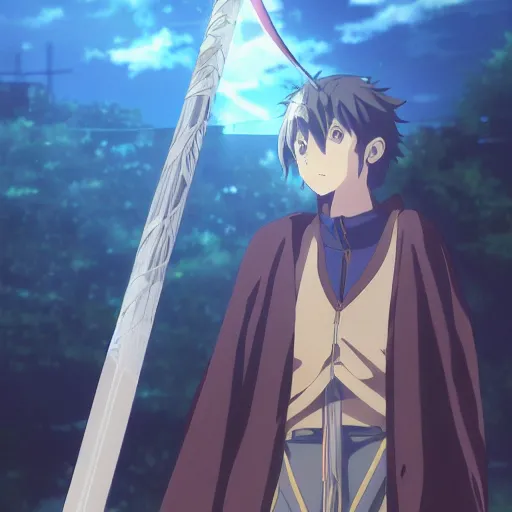 Prompt: a portrait of a wizard anime character with a staff by makoto shinkai