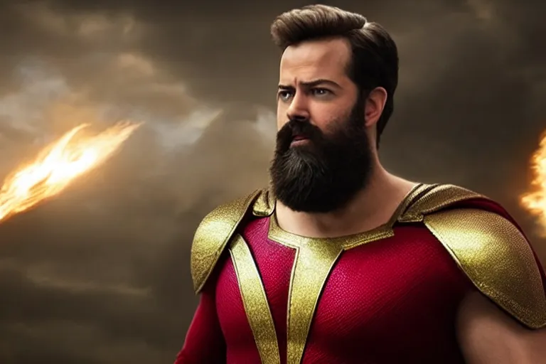 Image similar to bearded david sandberg as shazam from shazam ( 2 0 1 9 ), cinematography