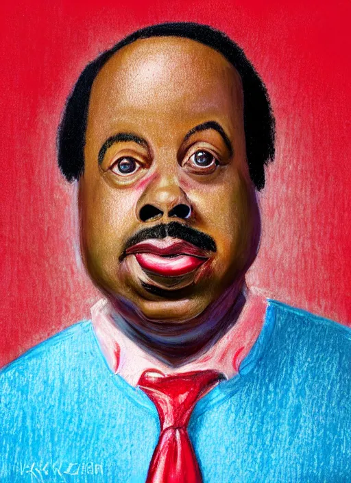 Prompt: ( ( ( caricature of leslie david baker as stanley hudson of the office television series ) ) ) by igor kazarin, pastels, head to waist, light coming from the right side, red background,