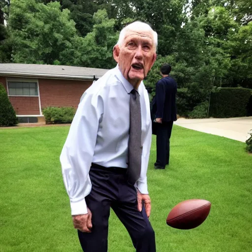 Prompt: an elderly man in dress shirt tie and pants surprised with a 🏈 at his groin on the front lawn. long shot. side view