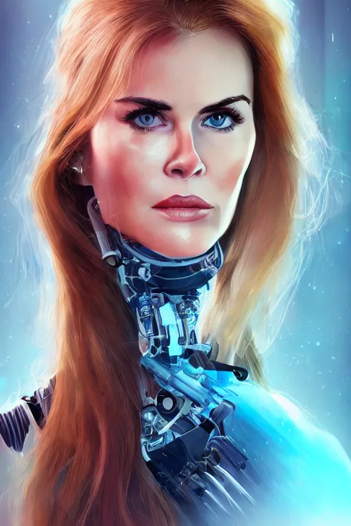 Image similar to mix of beautiful young maria shriver, mariel hemmingway, brooke shields, nicole kidman and elle macpherson as a young beautiful cyborg terminator, thin lips, hair tied up in a pony tail, dark blonde hair, colorful, artstation, cgsociety