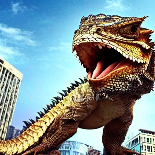 Prompt: a giant bearded dragon 1 0 feet tall destroying a city