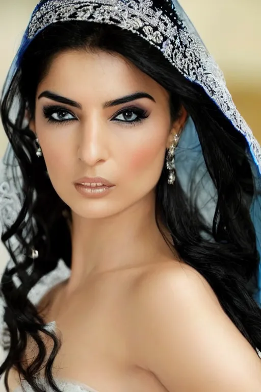 Prompt: Ameera al-Taweel, blue eyes, long wavy black hair, fierce look, white veil, closeup, focus face
