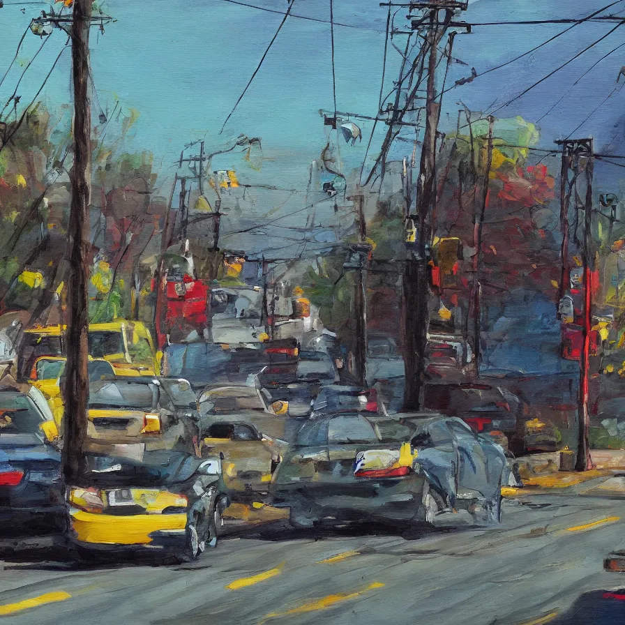 Image similar to a painting of a frightened car being menaced by telephone poles, saturated color scheme