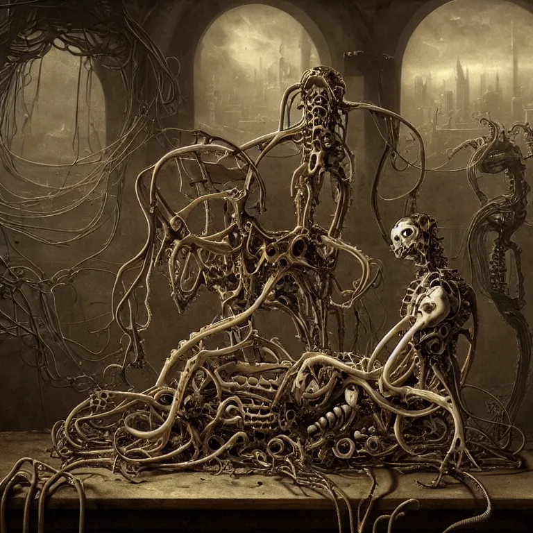 Prompt: still life of two abandoned biomechanical cyborg male lovers laying on a table, surreal alien ribbed fruit flowers, white human spine, covered with tentacles, roots, wires, tubes, baroque painting, standing in a desolate empty wasteland, creepy, nightmare, dream-like heavy atmosphere, surreal abandoned buildings, baroque painting, beautiful detailed intricate insanely detailed octane render trending on Artstation, 8K artistic photography, photorealistic, chiaroscuro, Raphael, Caravaggio, Beksinski, Giger