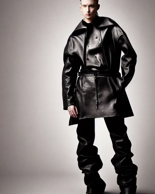 Image similar to a fashion editorial photo of a charcoal extremely baggy short ancient medieval designer menswear leather jacket with an oversized collar and baggy bootcut trousers designed by alexander mcqueen, 4 k, studio lighting, wide angle lens