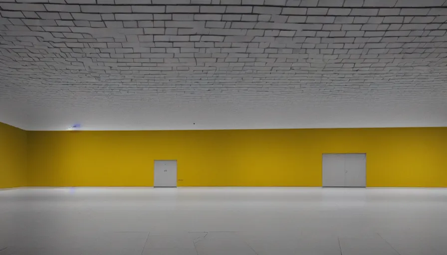 Image similar to 60s movie still of a sovietic stalinist style empty art museum with a soviet congress with yellow wall, KODAK EBX, liminal Space style, heavy grain