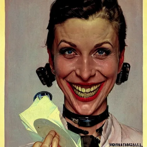 Image similar to portrait of a dapper cyberpunk woman, with a smile that hurts her face, by norman rockwell