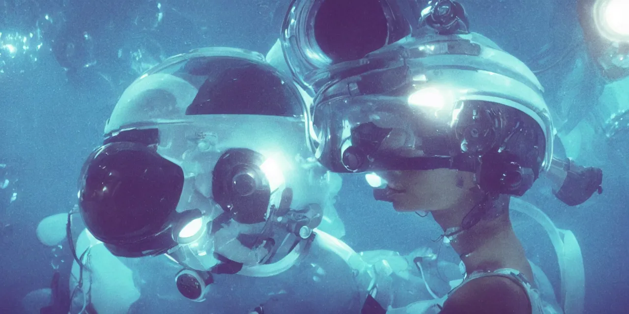 Image similar to Zoe Kravitz with short hair as a retro astronaut, helmet with led lights, alone underwater in the ocean at night, clear water, glowing bubbles, volumetric lighting, glowing lights, 4k, octane, unreal engine, digital painting, artstation, concept art, high contrast, high saturation , cinematic film still, sharp focus, illustration, art by Christopher Nolan and artgerm and greg rutkowski and alphonse mucha , wide angle view, full body