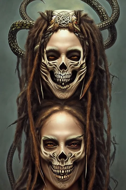 Image similar to evil angels that look like hippies with dreadlocks dancing with snakes, fantasy, face with skull mask, long hair, intricate, elegant, highly detailed, digital painting, artstation, concept art, smooth, sharp focus, illustration, art by artgerm and greg rutkowski and aleister crowley