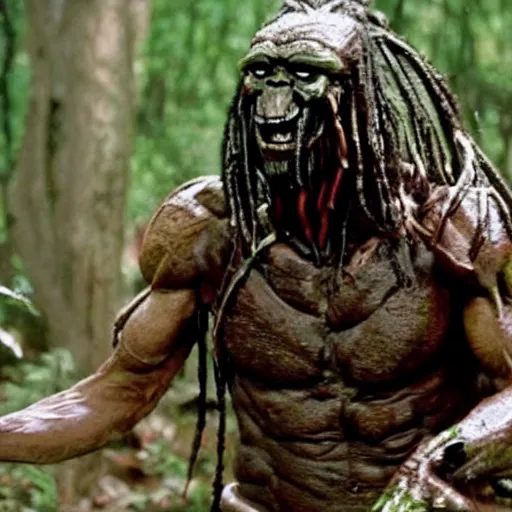 Prompt: forest gump replaced by a monster from the movie predator, still movie shot